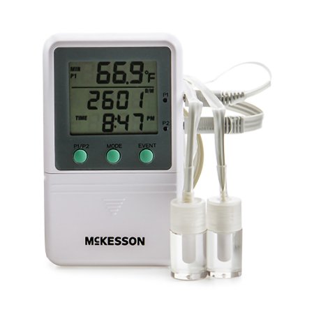 Digital Refrigerator / Freezer Thermometer with Alarm McKesson Fahrenheit / Celsius -58° to +158°F (-50° to +70°C) 2 Glycol Bottle Probes Multiple Mounting Options Battery Operated