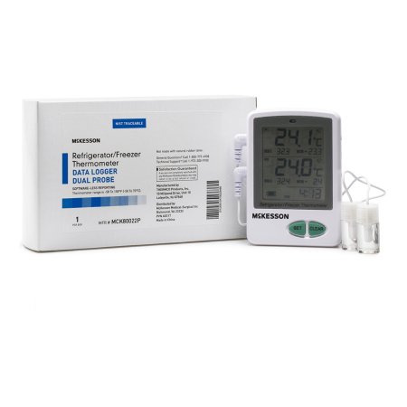 Datalogging Refrigerator / Freezer Thermometer with Alarm McKesson Fahrenheit / Celsius -22° to +158°F (-30° to +70°C) 2 Glycol Bottle Probes / Internal Sensor Flip-out Stand Battery Operated