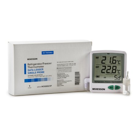 Datalogging Refrigerator / Freezer Thermometer with Alarm McKesson Fahrenheit / Celsius -58° to +158°F (-50° to +70°C) Flip-out Stand Battery Operated