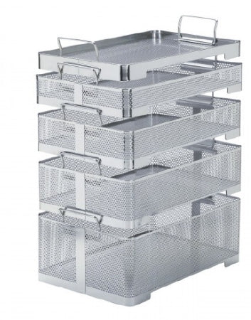 V. Mueller Genesis® Sterilzation Basket 4/5 X 10 X 16 Inch Inside Dimension, 1-2/5 X 10-1/5 X 16-1/5 Inch Outside Dimension, Stainless Steel, Stacking, Perforated with Solid Sides, Standard Handles