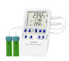 Cole-Parmer Inst. Datalogging Refrigerator / Freezer Thermometer with Alarm Traceable® Excursion-Trac™ Fahrenheit / Celsius -58° to +140°F (-50° to +60°C) 2 Vaccine Bottle Probes Multiple Mounting Options Battery Operated