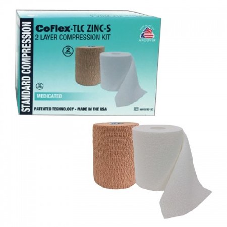 Andover Coated Products 2 Layer Compression Bandage System CoFlex® TLC Zinc with Indicators 4 Inch X 6 Yard / 4 Inch X 7 Yard 35 to 40 mmHg Self-adherent / Pull On Closure Tan NonSterile