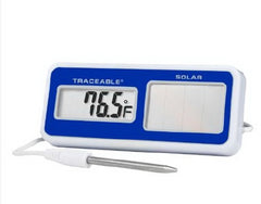 Cole-Parmer Inst. Solar Powered Thermometer Traceable® Fahrenheit / Celsius -58° to +140°F (-50° to +60°C) Stainless Steel Probe Solar Power / Battery Backup