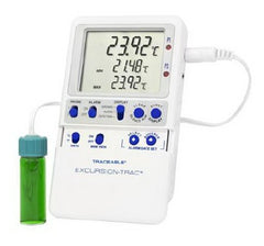Cole-Parmer Inst. Datalogging Refrigerator / Freezer Thermometer with Alarm Traceable® Excursion-Trac™ Fahrenheit / Celsius -58° to +158°F (-50° to +70°C) Bottle Probe Multiple Mounting Options Battery Operated
