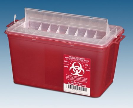 Plasti-Products Sharps Container OakRidge™ 7-1/4 H X 11-3/4 W X 6-3/4 D Inch 1 Gallon Translucent Red Base / Translucent Lid Horizontal Entry Rotating Lid
