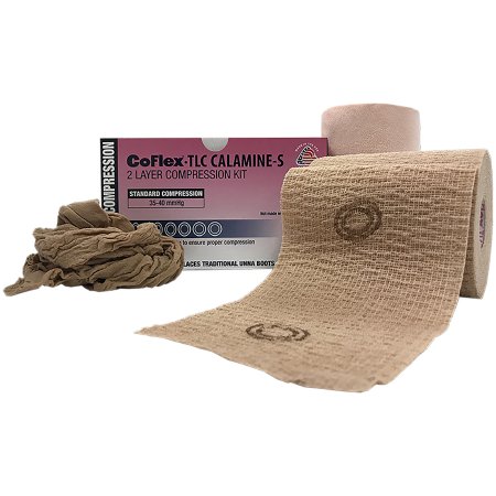 Andover Coated Products 2 Layer Compression Bandage System CoFlex® TLC Calamine with Indicators 4 Inch X 6 Yard / 4 Inch X 7 Yard 35 to 40 mmHg Self-adherent / Pull On Closure Tan Standard NonSterile