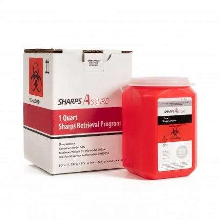 Post Medical Mailback Sharps Container Sharps Assure 3-3/4 L X 3-3/4 W X 5.6 H Inch 1 Quart Red Base / Translucent Lid Vertical Entry Screw On Lid