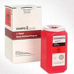 Post Medical Mailback Sharps Container Sharps Assure 3-3/4 L X 3-3/4 W X 7 H Inch 1.5 Quart Red Base / Translucent Lid Vertical Entry