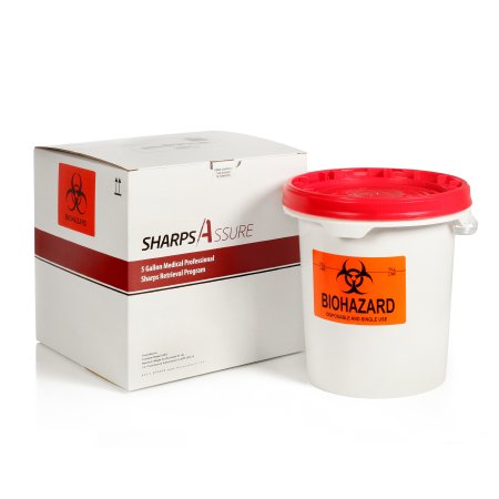 Post Medical Mailback Sharps Container Sharps Assure 14 H X 15 W X 14 l Inch 5 Gallon White Base / Red Lid Horizontal / Vertical Entry Screw On Lid