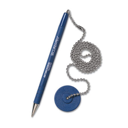 MMF Industries™ Secure-A-Pen Antimicrobial Ballpoint Counter Pen Kit with Round Base and 24" Ball Chain, 1mm, Blue Ink/Barrel