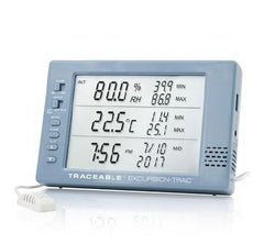 Cole-Parmer Inst. Datalogging Hygrometer with Alarm Traceable® Excursion-Trac™ Fahrenheit / Celsius 32° to 145°F (0° to 65°C) External Probe Multiple Mounting Options Battery Operated