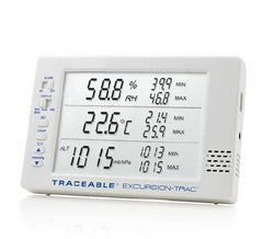 Cole-Parmer Inst. Hygrometer / Temperature Data Logger with Alarm Traceable® Excursion-Trac™ Fahrenheit / Celsius 0° to 65°C External Probe Battery Operated