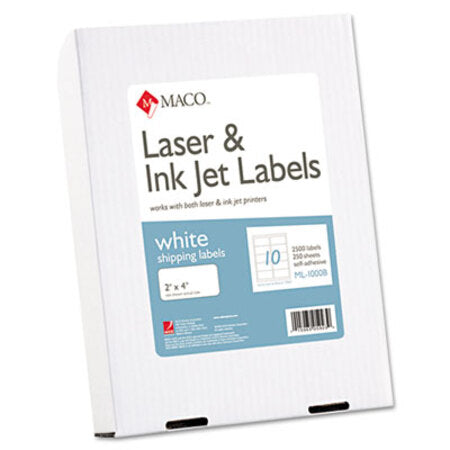 MACO® White Laser/Inkjet Shipping and Address Labels, Inkjet/Laser Printers, 2 x 4, White, 10/Sheet, 250 Sheets/Box