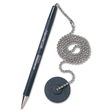 MMF Industries™ Secure-A-Pen Antimicrobial Ballpoint Counter Pen Kit with Round Base and 24" Ball Chain, 1mm, Black Ink/Barrel