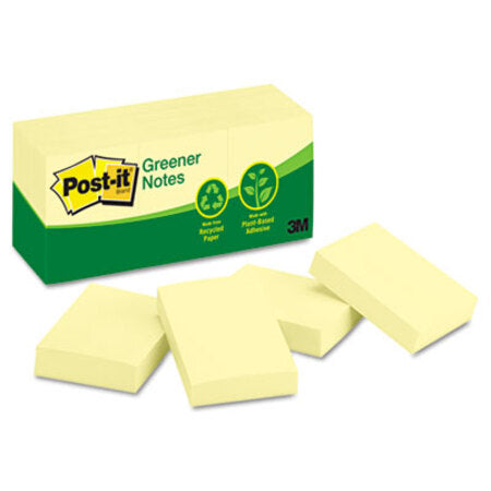 Post-it® Greener Notes Recycled Note Pads, 1 1/2 x 2, Canary Yellow, 100-Sheet, 12/Pack
