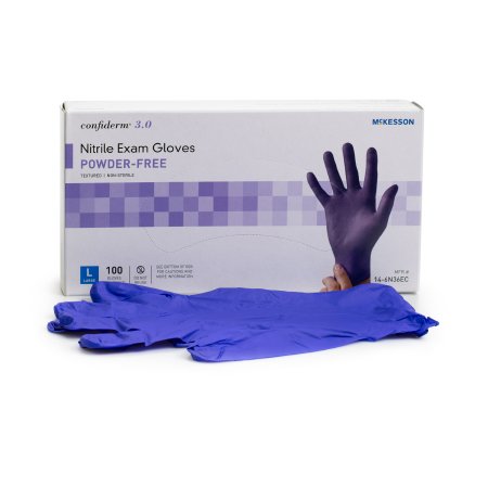 Exam Glove McKesson Confiderm® 3.0 Large NonSterile Nitrile Standard Cuff Length Textured Fingertips Blue Not Chemo Approved - M-1107942-4364 - Box of 100