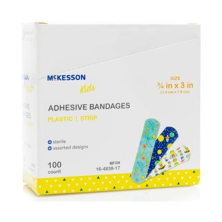 Adhesive Strip McKesson Kids™ 3/4 X 3 Inch Plastic Rectangle Kid Design (Assorted Prints) Sterile