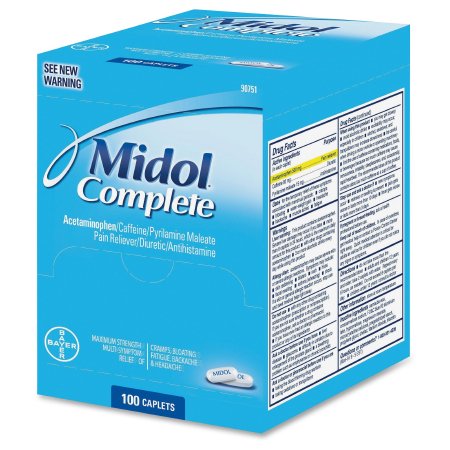 RJ General Cramp Relief Midol® Complete 500 mg - 60 mg - 15 mg Strength Acetaminophen / Caffeine / Pyrilamine Maleate Caplet 100 per Box