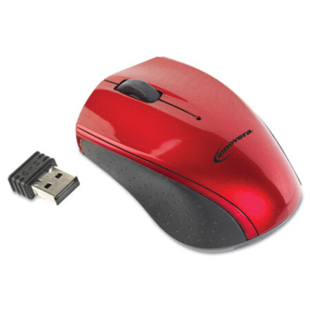 Innovera® Mini Wireless Optical Mouse, 2.4 GHz Frequency/30 ft Wireless Range, Left/Right Hand Use, Red/Black