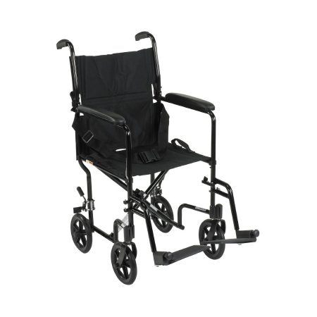 Lightweight Transport Chair McKesson Aluminum Frame with Black Finish 300 lbs. Weight Capacity Fixed Height / Padded Arm Black Upholstery