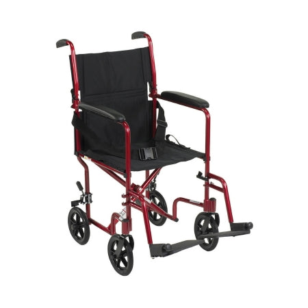 Lightweight Transport Chair McKesson Aluminum Frame with Red Finish 300 lbs. Weight Capacity Fixed Height / Padded Arm Black Upholstery