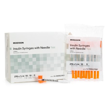 Insulin Syringe with Needle McKesson 0.5 mL 27 Gauge 1/2 Inch Attached Needle Without Safety - M-1128935-1968 - Box of 10