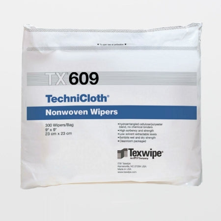 Texwipe Cleanroom Wipe TechniCloth® ISO Class 5 - 8 White NonSterile 45% Polyester / 55% Cellulose Nonwoven 9 X 9 Inch Disposable - M-1137881-1325 - Bag of 300