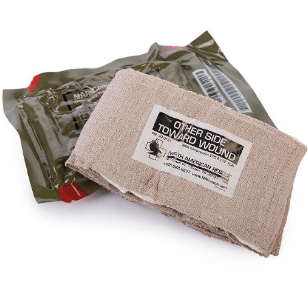 North American Rescue Trauma Pressure Dressing with Wrap NAR 4 X 70 Inch Standard Compression Closure Bar Tan / White 8 X 10 Inch Pad Sterile