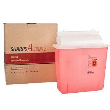 Post Medical Mailback Sharps Container Sharps Assure 12-1/4 L X 4-3/4 W X 10-1/2 H Inch 5.4 Quart Translucent Red Base / Translucent White Lid Horizontal Entry