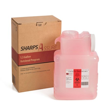 Post Medical Mailback Sharps Container Sharps Assure 7-3/4 L X 3.875 W X 12.25 H Inch 1.5 Gallon Translucent Red Base / White Lid Horizontal / Vertical Entry Screw On Lid