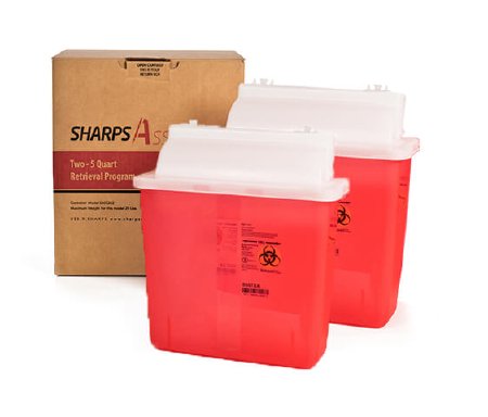 Post Medical Mailback Sharps Container Sharps Assure 12-1/4 L X 4-3/4 W X 10-1/2 H Inch 5.4 Quart Translucent Red Base / Translucent White Lid Horizontal Entry