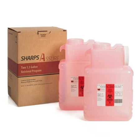 Post Medical Mailback Sharps Container Sharps Assure 7-3/4 L X 3.875 W X 12.25 H Inch 1.5 Gallon Translucent Red Base / White Lid Horizontal / Vertical Entry Screw On Lid