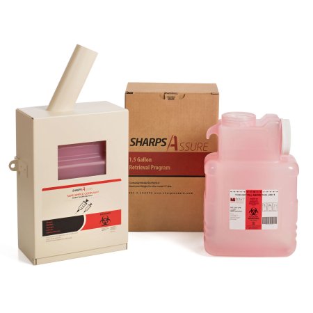 Post Medical Mailback Sharps Container Intro Kit Sharps Assure 7-3/4 L X 3.875 W X 12.25 H Inch 1.5 Gallon Translucent Red Base / White Lid Horizontal / Vertical Entry Screw On Lid
