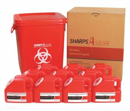 Post Medical Mailback Sharps Container Sharps Assure 18.9 L X 18.9 W X 22.9 H Inch / 9 L X 5.5 W X 7.3 H Inch 1 Gallon Red Base / Translucent White Lid Horizontal / Vertical Entry Hinged Snap On Lid