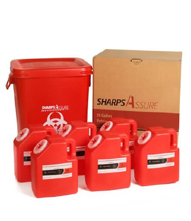 Post Medical Mailback Sharps Container Sharps Assure 18.9 L X 18.9 W X 22.9 H Inch / 9 L X 5.5 W X 11.4 H Inch 2 Gallon Red Base / Translucent White Lid Horizontal / Vertical Entry Hinged Snap On Lid
