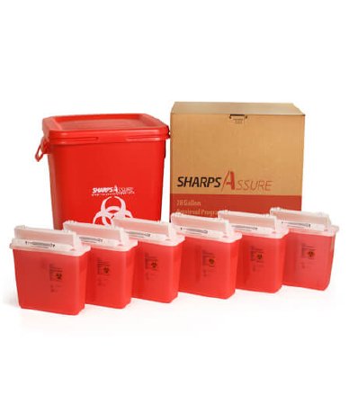 Post Medical Mailback Sharps Container Sharps Assure 18.9 L X 18.9 W X 22.9 H Inch / 12.25 L X 4-3/4 W X 10.5 H Inch 5.4 Quart Translucent Red Base / Translucent Red Lid Horizontal / Vertical Entry Counter Balanced Door Lid