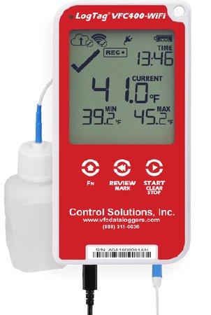 Control Solutions Inc Refrigerator / Freezer Vaccine Data Logger with Alarm Kit LogTag® VFC 400-WiFi Fahrenheit / Celsius -40° to 210°F (-40° to 99°C) Glycol Bottle Probe AC Adaptor / USB / Battery Backup