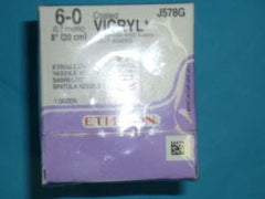 J & J Healthcare Systems Suture with Needle Coated Vicryl™ Absorbable Coated Violet Suture Braided Polyglactin 910 Size 6 - 0 8 Inch Suture Double-Armed 8 mm Length 1/4 Circle Spatula Needle