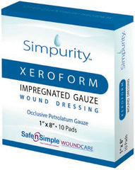Safe N Simple Xeroform Impregnated Dressing Simpurity™ 1 X 8 Inch Gauze Antimicrobial Petrolatum Blend Sterile