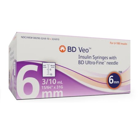 Becton Dickinson Insulin Syringe with Needle Veo™ Ultra-Fine™ 0.3 mL 31 Gauge 15/64 Inch Attached Needle Without Safety