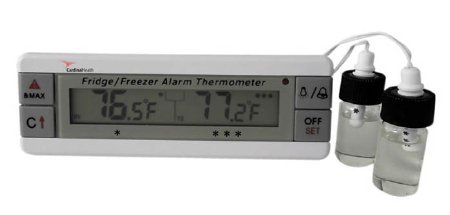 Cardinal Digital Refrigerator / Freezer Thermometer with Alarm Cardinal Health™ Fahrenheit / Celsius -40° to +158°F (-40° to +70°C) 2 Bottle Probes Flip-out Stand / Wall Mount Battery Operated