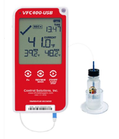 Control Solutions Inc Refrigerator / Freezer Vaccine Data Logger with Alarm LogTag® VFC400-USB® Fahrenheit / Celsius -40° to 210°F (-40° to 99°C) Glycol Bottle Probe Wall Mount AC Adaptor / USB / Battery Backup