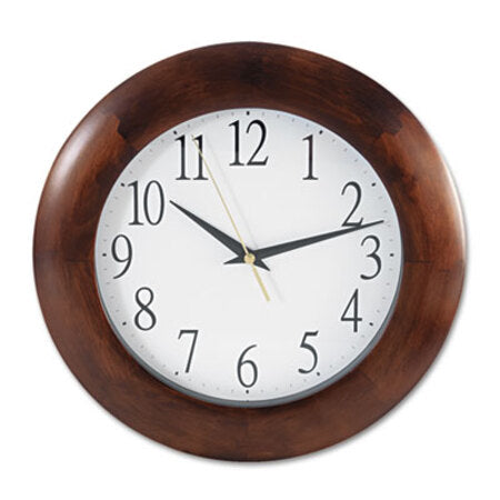 Universal® Round Wood Wall Clock, 12.75" Overall Diameter, Cherry Case, 1 AA (sold separately)