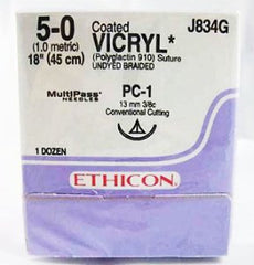 J & J Healthcare Systems Suture with Needle Coated Vicryl™ Absorbable Coated Undyed Suture Braided Polyglactin 910 Size 5 - 0 18 Inch Suture 1-Needle 13 mm Length 3/8 Circle Conventional Cutting Needle