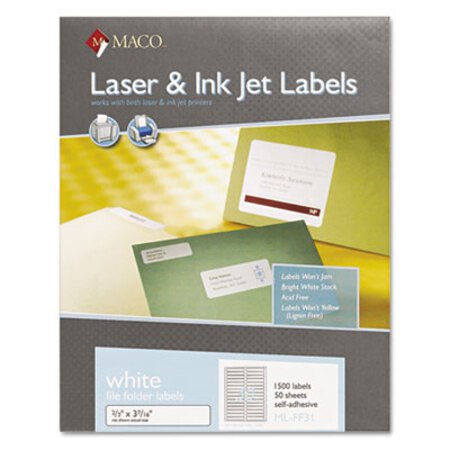 MACO® Laser/Inkjet White File Folder Labels, 0.66 x 3.44, White, 30/Sheet, 50 Sheets/Box