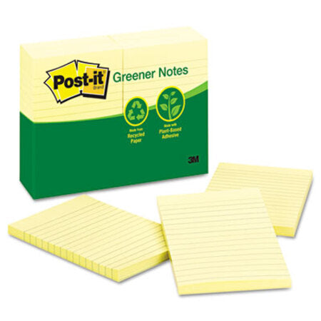 Post-it® Greener Notes Recycled Note Pads, 4 x 6, Lined, Canary Yellow, 100-Sheet, 12/Pack