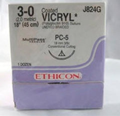 J & J Healthcare Systems Suture with Needle Coated Vicryl™ Absorbable Coated Undyed Suture Braided Polyglactin 910 Size 3 - 0 18 Inch Suture 1-Needle 19 mm Length 3/8 Circle Conventional Cutting Needle