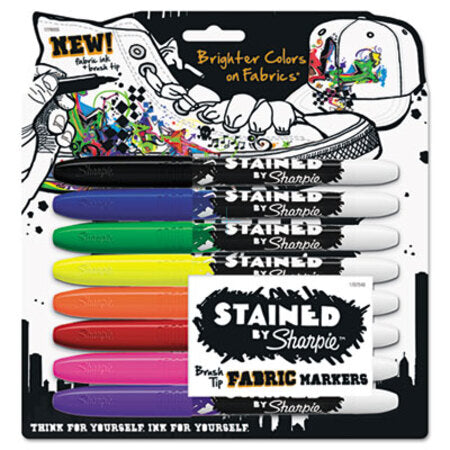 Sharpie® Stained Fabric Markers, Medium Brush Tip, Assorted Colors, 8/Pack