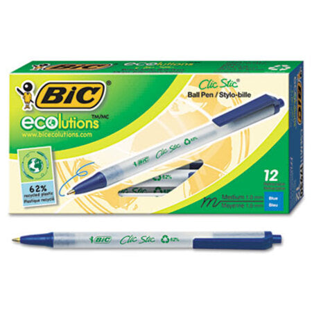 Bic® Ecolutions Clic Stic Retractable Ballpoint Pen, 1mm, Blue Ink, Clear Barrel, Dozen