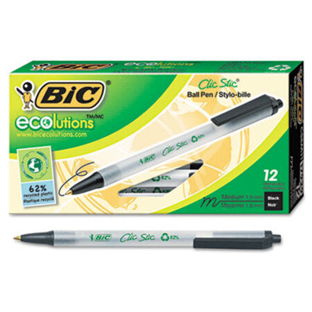 Bic® Ecolutions Clic Stic Retractable Ballpoint Pen, 1mm, Black Ink, Clear Barrel, Dozen